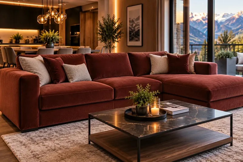 Canapé d'angle en velours dans un salon de chalet avec vue sur les montagnes